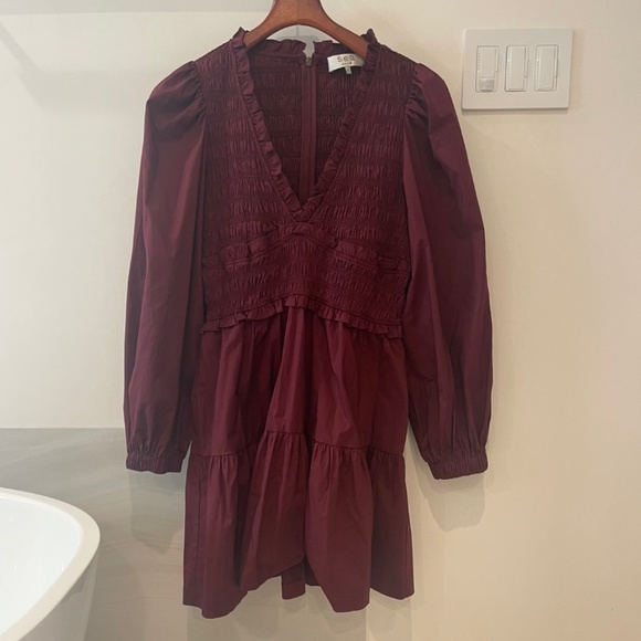 Sea NYC Gaia smocked Burgundy v neck mini dress - Picture 2 of 5